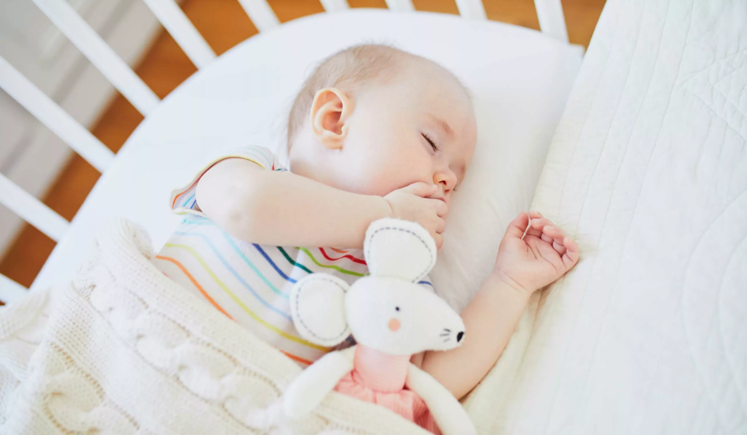 Un bébé qui dort dans son berceau avec sa peluche